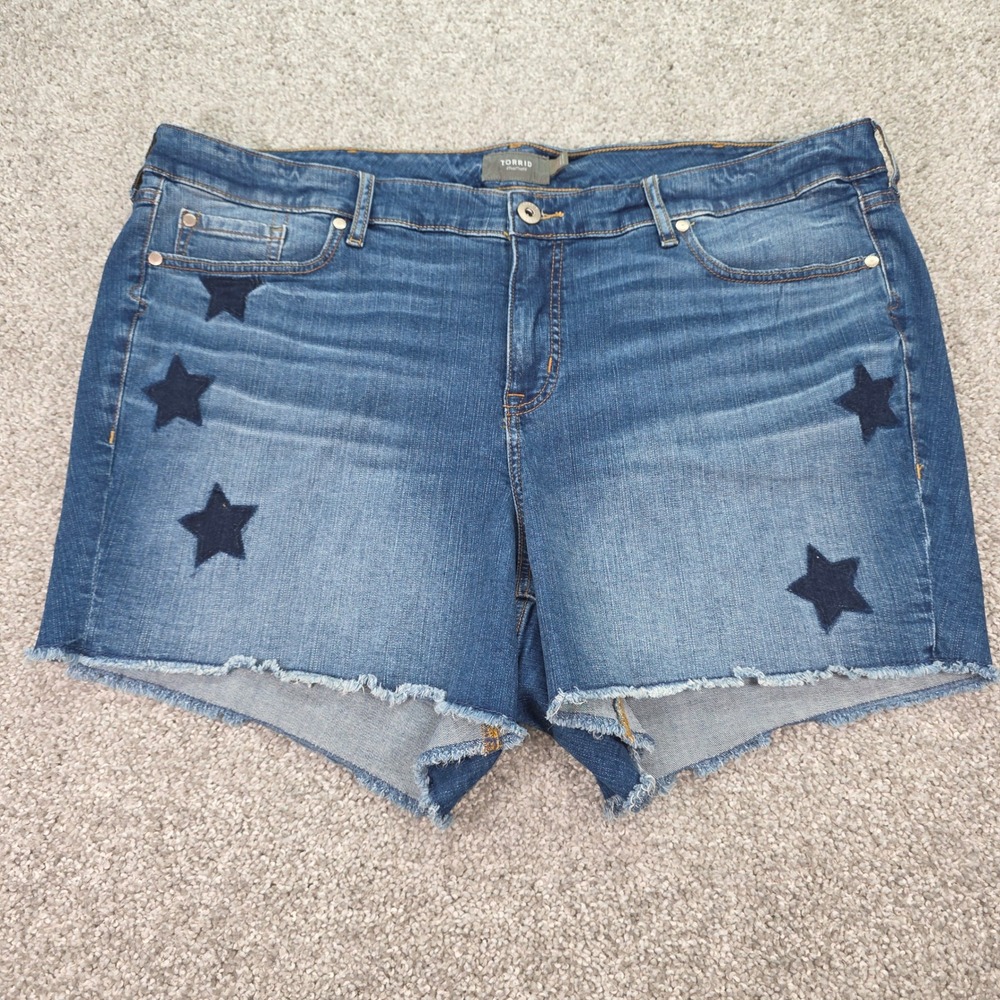 Torrid Feel The Fit Star Print Raw Hem Denim Shorts Blue Women Plus Size 24 NWOT
